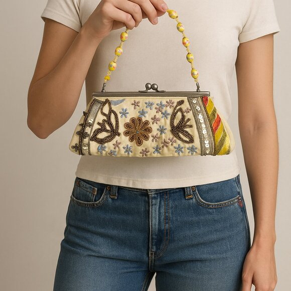 CMZ Vintage Beaded Fabric Handbag Floral Motif Yellow Glass Beaded Handle - Picture 1 of 14